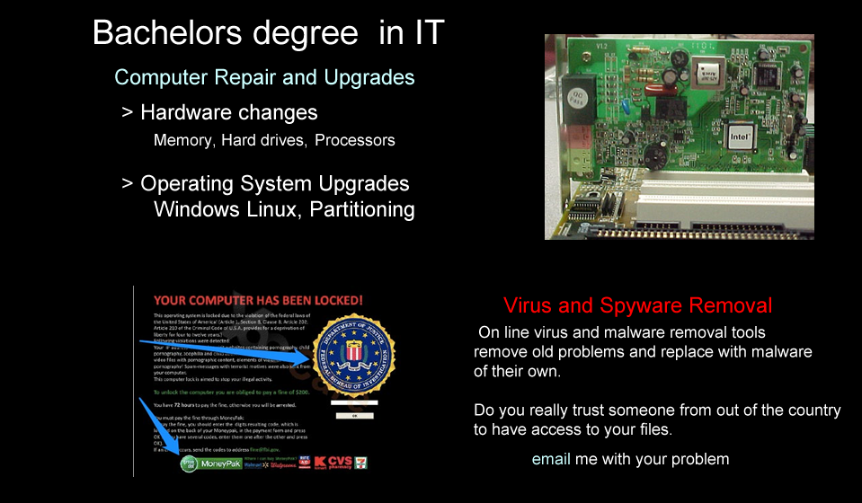 Graphic depicting services including computer repair upgrades to hardware, partitioning for adding second syste, virus removal.